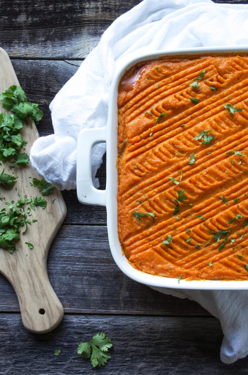 Sweet Potato Shepherd's Pie garnished with parsley 