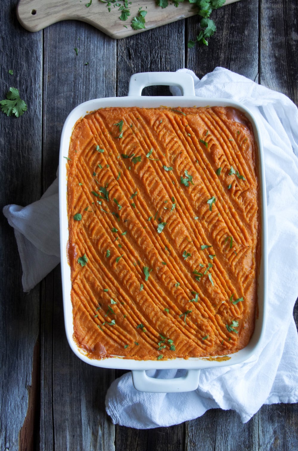 overhead of casserole dish filled with Sweet Potato Shepherd's Pie