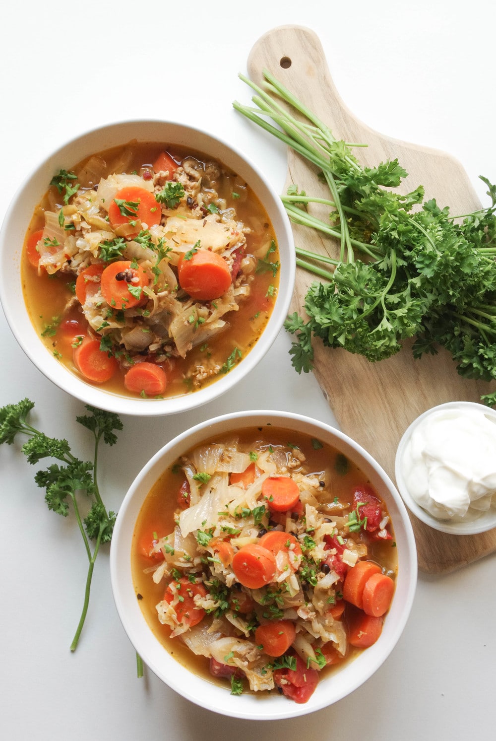 Russian Cabbage Soup with carrots and turkey in two white bowls