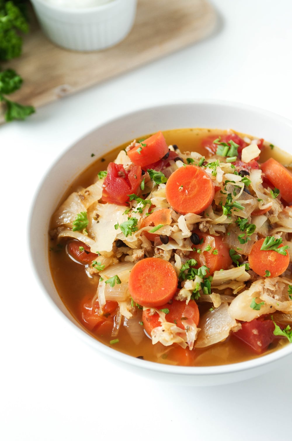 Russian Cabbage Soup with carrots and turkey in white bowl