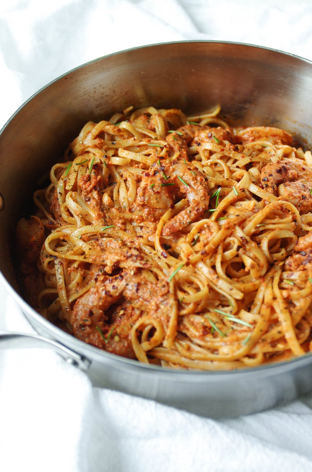 Sun Dried Tomato Basil Pesto Pasta with Shrimp in steel pot