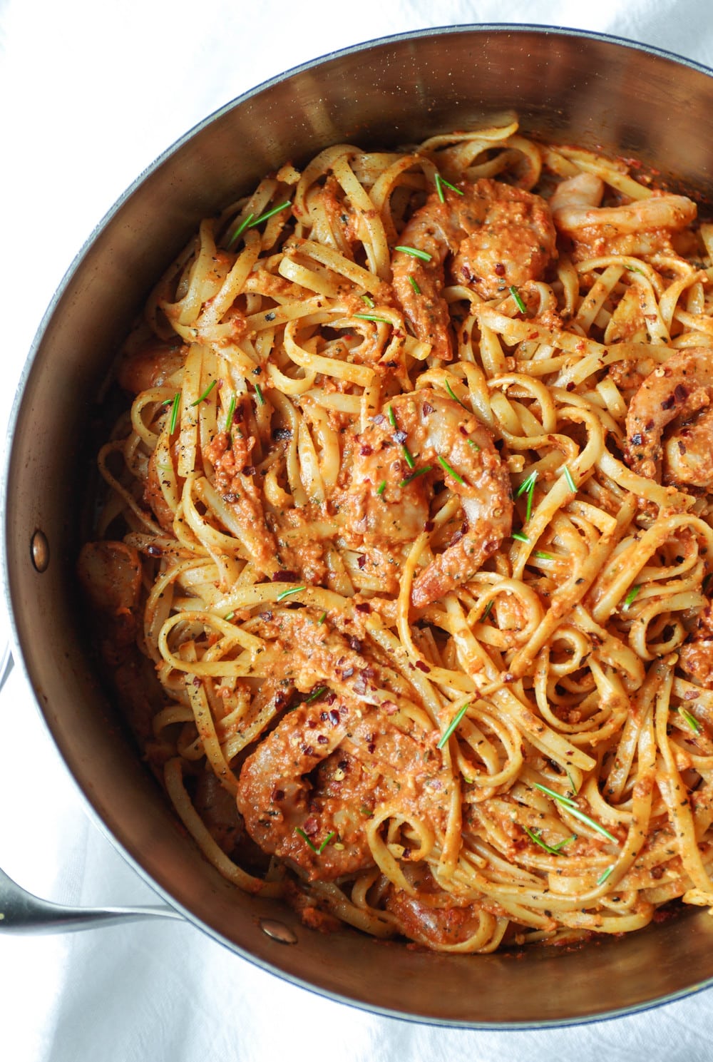 pot full of Sun Dried Tomato Basil Pesto Pasta with Shrimp