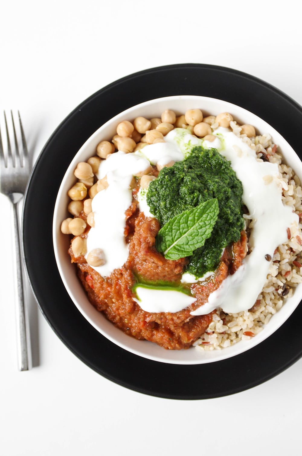 plated Chickpea Buddha Bowl with fork