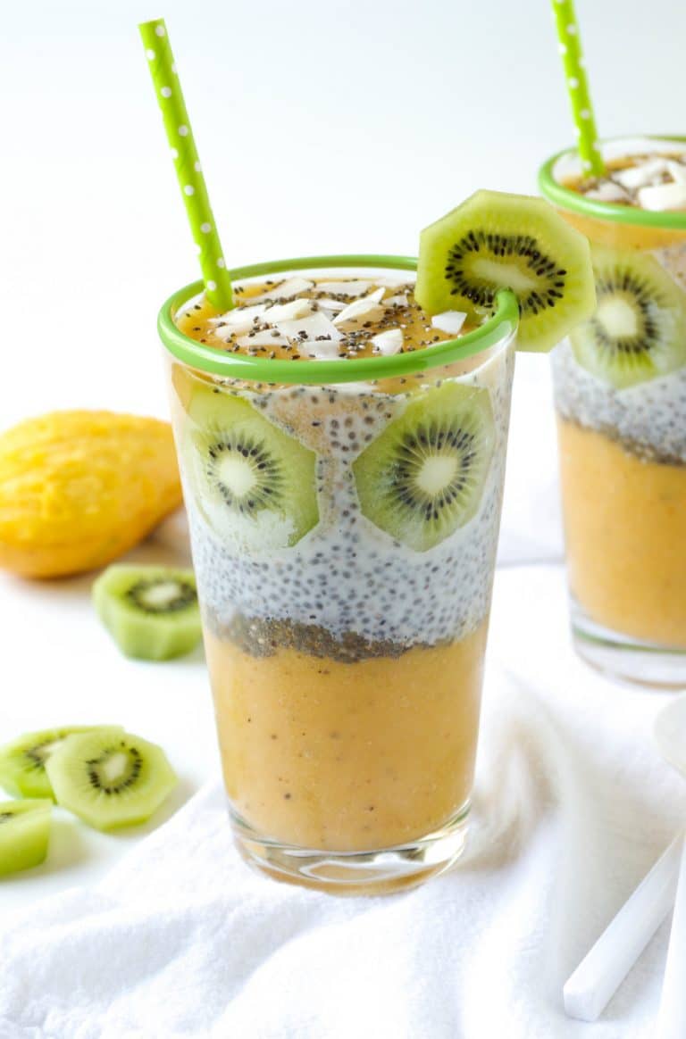 Mango Chia Pudding with Mango, Peach and Kiwi slices