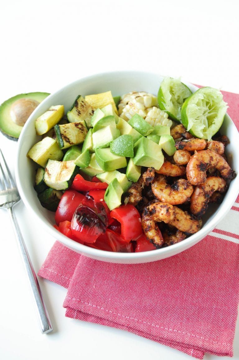 Grilled Shrimp and Veggies in white Bowls