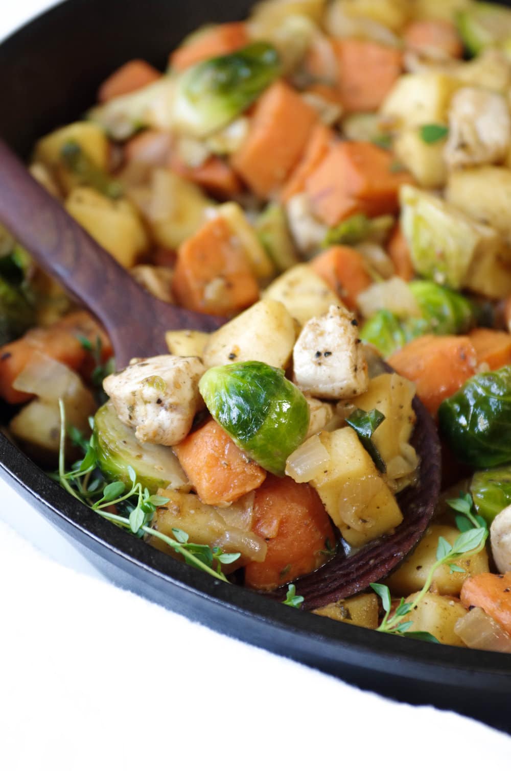 close up of Chicken and Sweet Potatoes in skillet