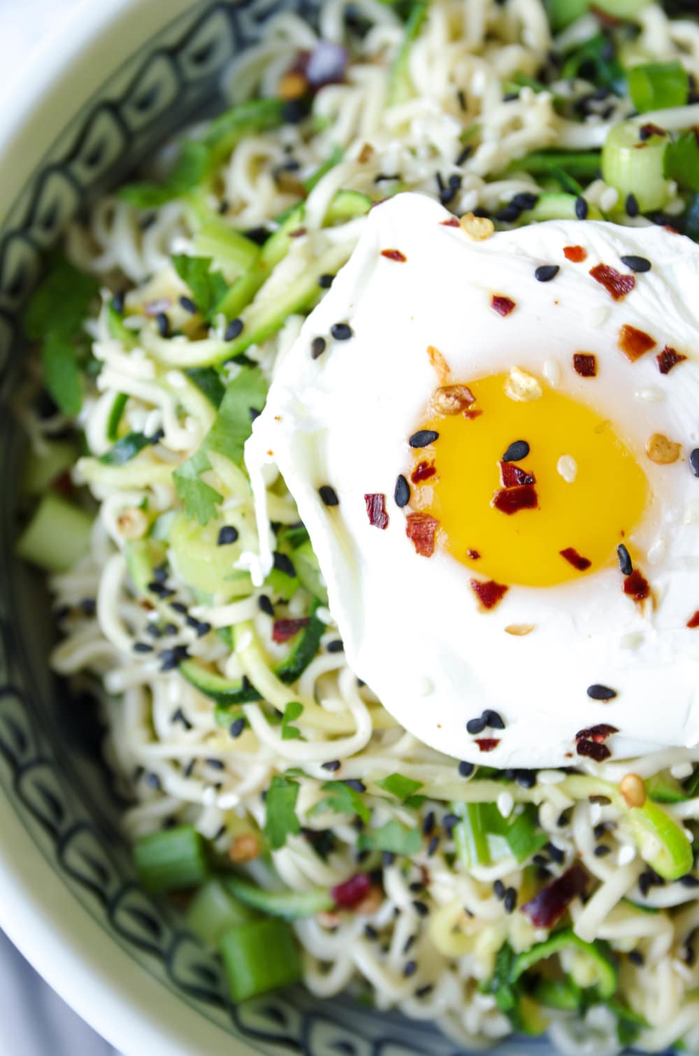 close up of bowl of Ginger Garlic Miso Ramen Noodles with Poached Egg