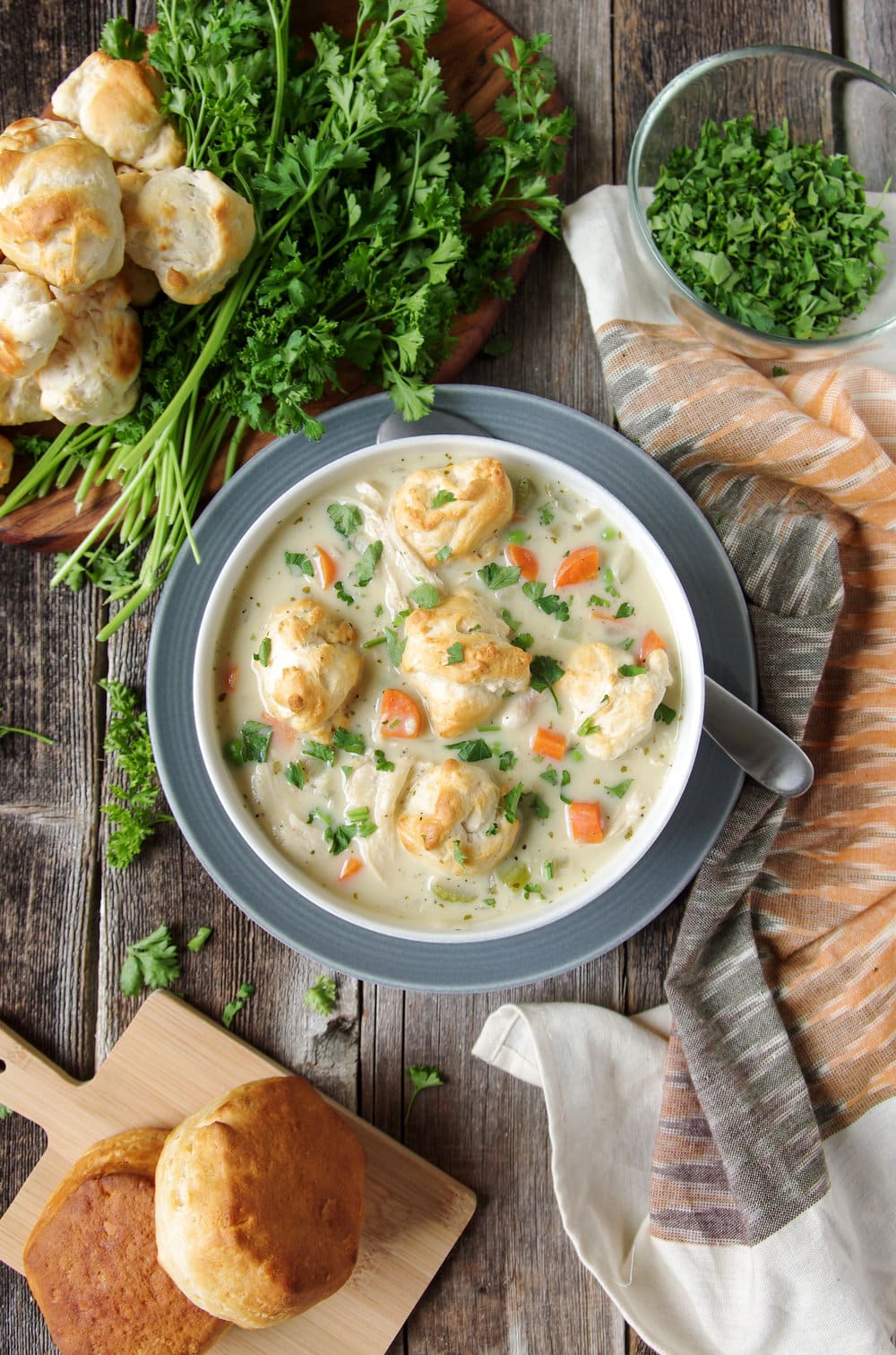 overhead image of Chicken Pot Pie Soup with Buttermilk Biscuit Crumbles