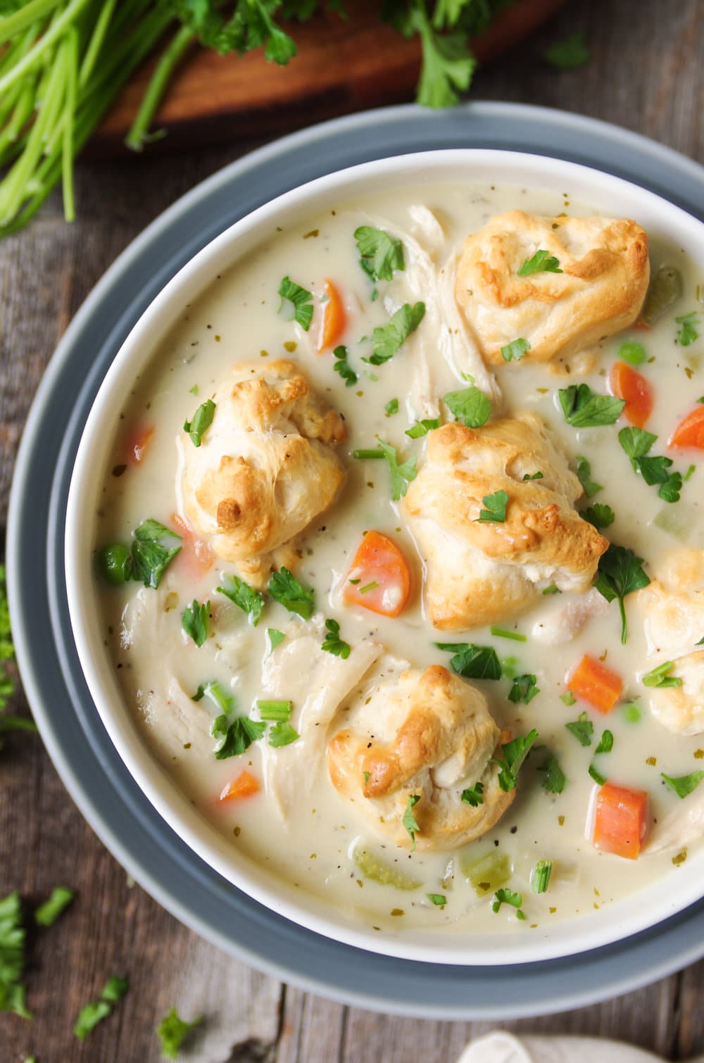 close up of Chicken Pot Pie Soup with Buttermilk Biscuit Crumbles