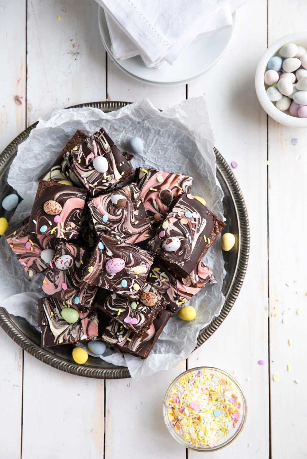 A stack of easter brownies on a table