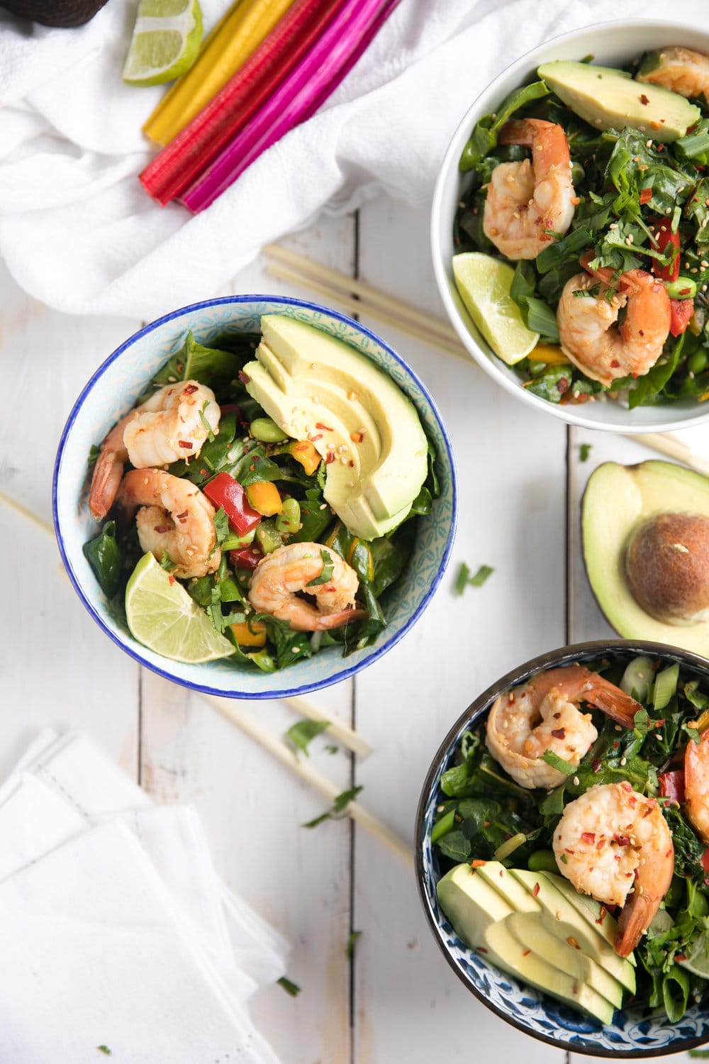 Sesame Ginger Shrimp Bowls with Asian Chopped Greens in three bowls